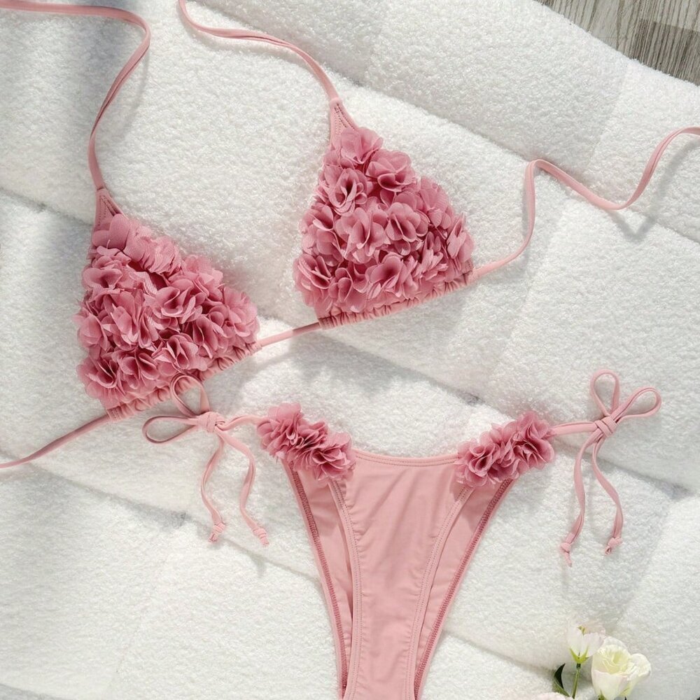 Pink Women's Cute Elegant Halter Floral Bikini